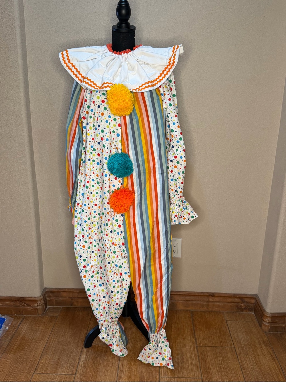 Adult Handmade One-Piece Colorful Clown Costume with Pom Pom Accents